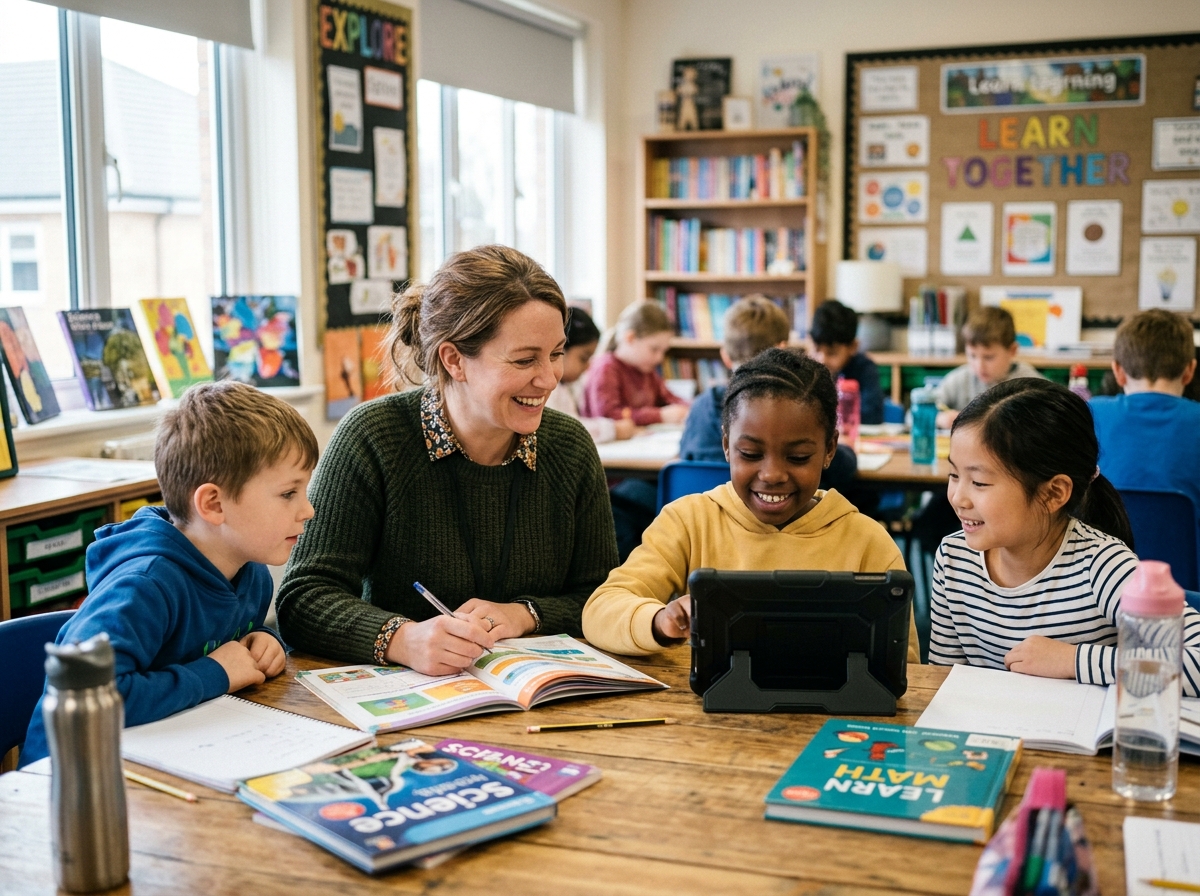 Teacher smiling with children in a classroom learning on a tablet
