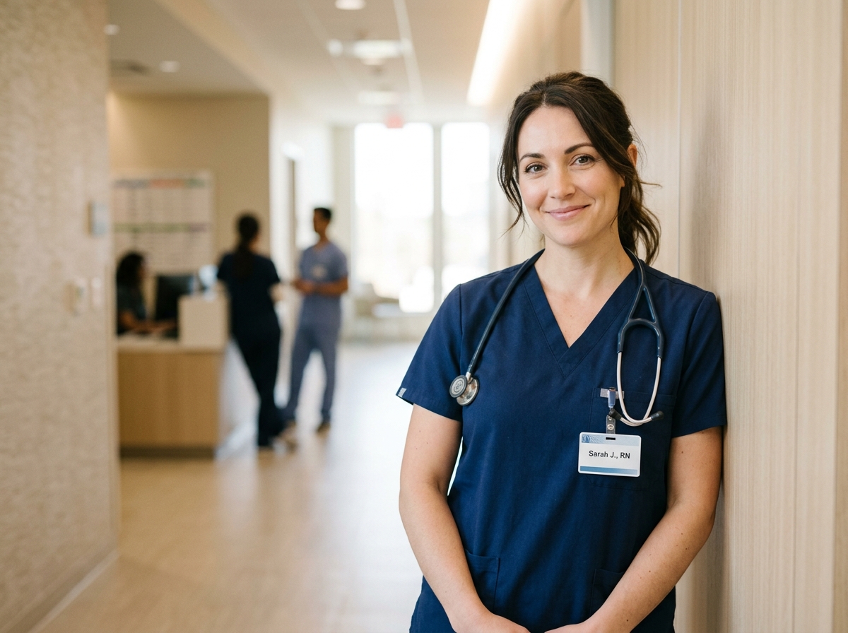 Healthcare worker smiling warmly in a clinical setting